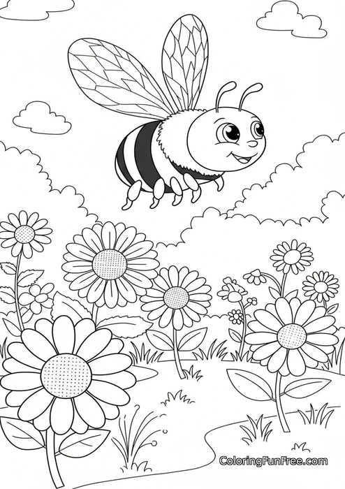 Happy bee flying over flowers