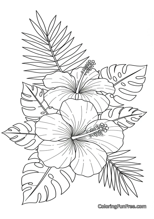 Tropical hibiscus and palm leaves