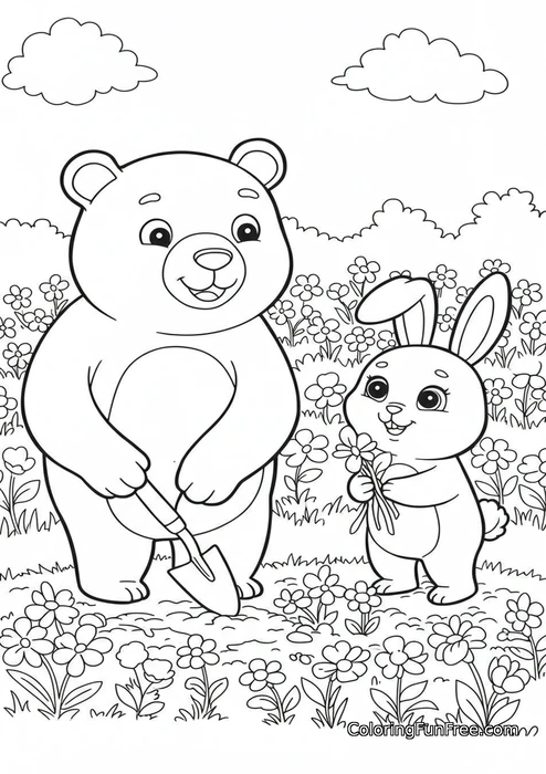 Bear and rabbit gardening flowers