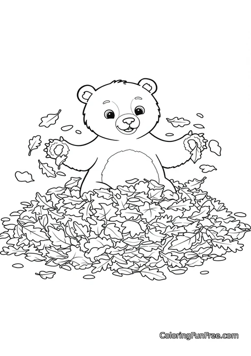 Bear playing in autumn leaves