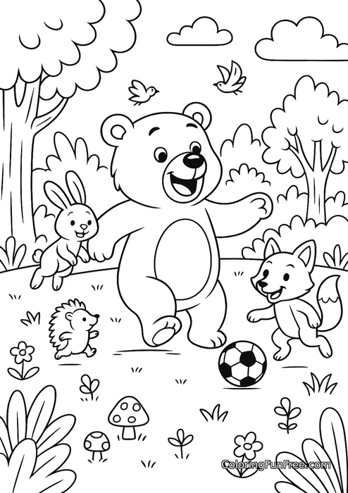 Bear rabbit hedgehog fox playing soccer