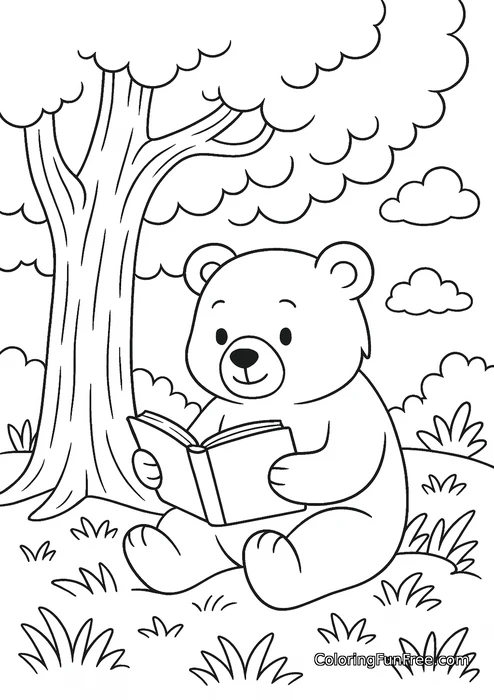 Bear reading book under tree