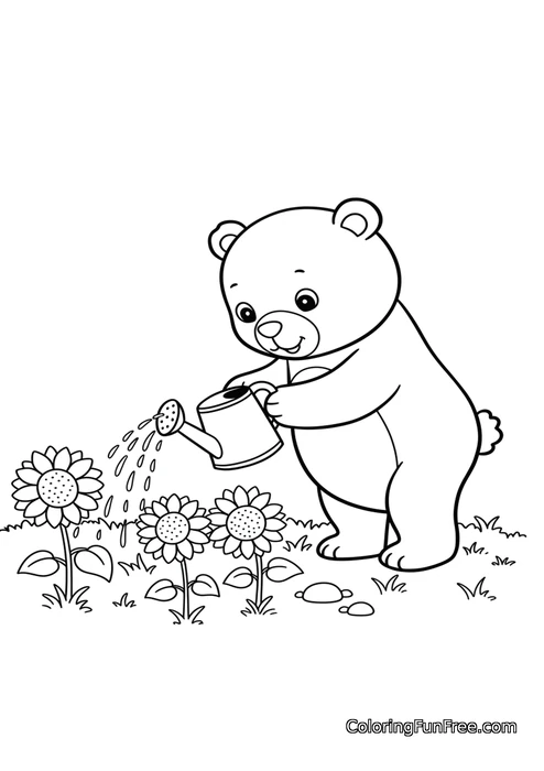 Bear watering sunflowers