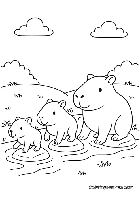 Capybara family crossing water