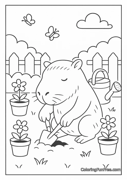 Capybara gardening flowers