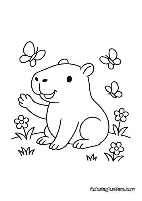Capybara waving flowers butterflies