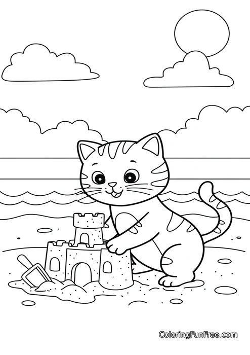 Cat building sandcastle