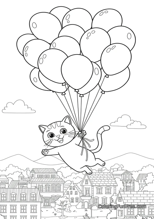 Cat floating with balloons