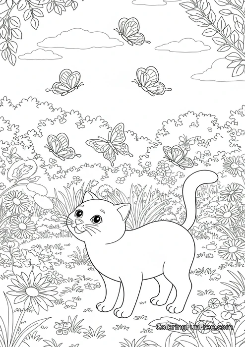 Cat in garden with butterflies