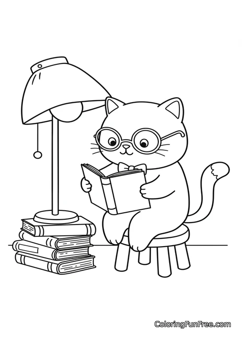 Cat reading book with lamp