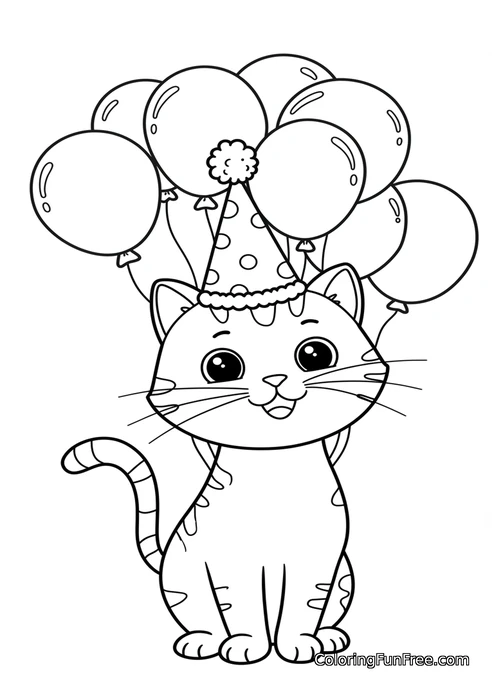 Cat with birthday hat balloons