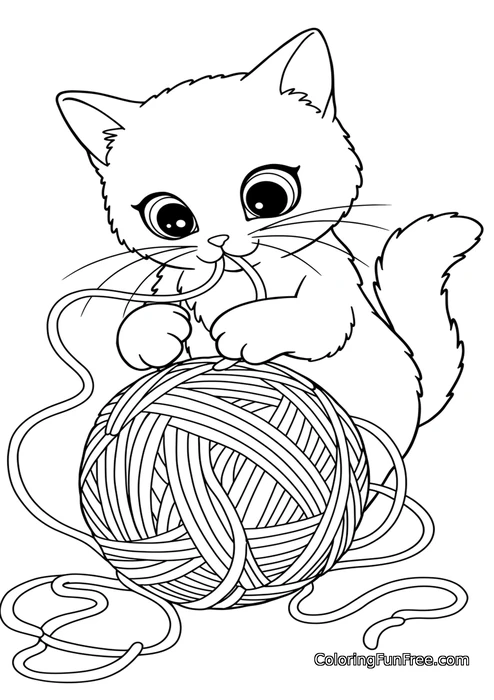 Kitten playing with yarn ball