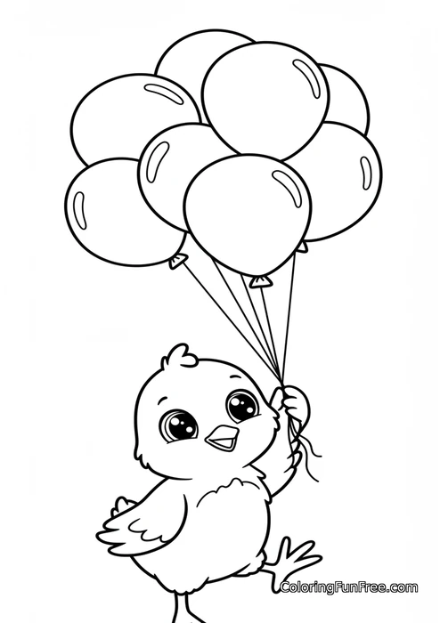 Chick holding balloons flying