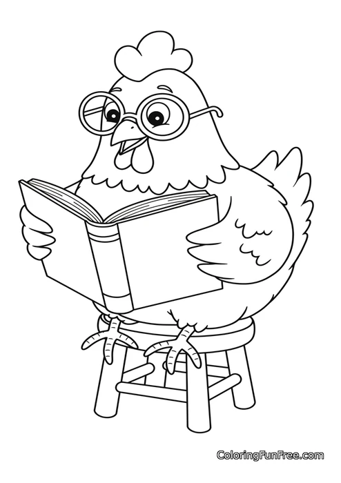 Chicken reading book on stool