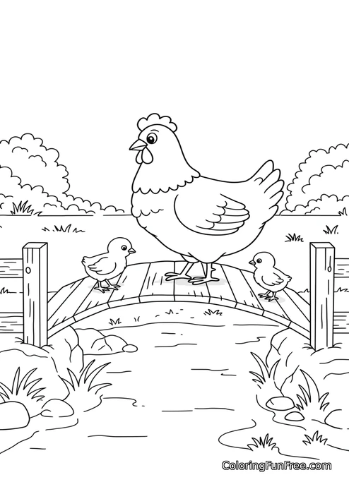 Hen and chicks on bridge