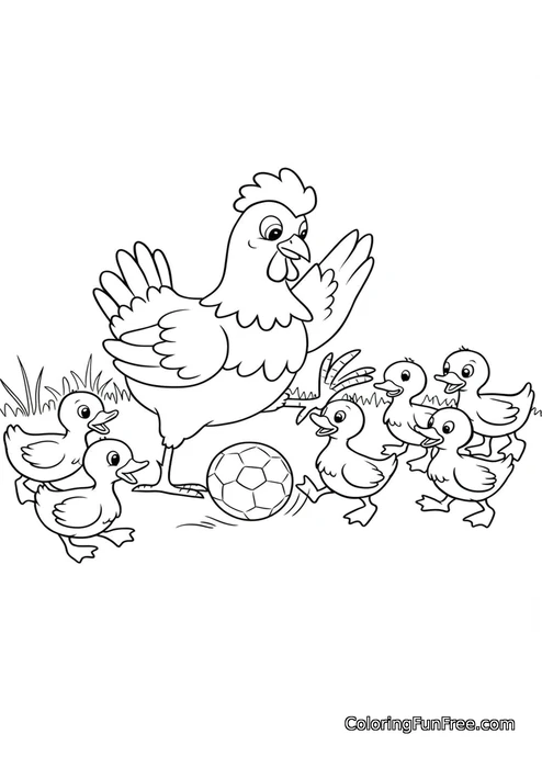 Hen playing soccer with ducklings