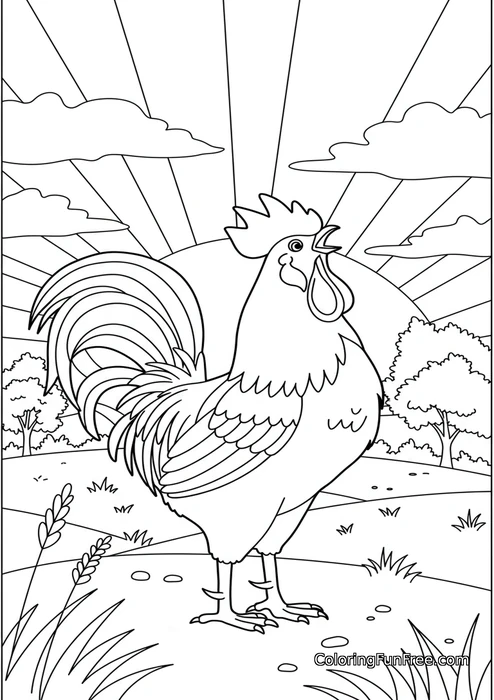 Rooster crowing at sunrise