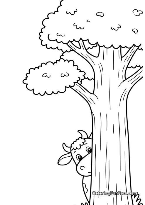 Cow peeking from behind tree