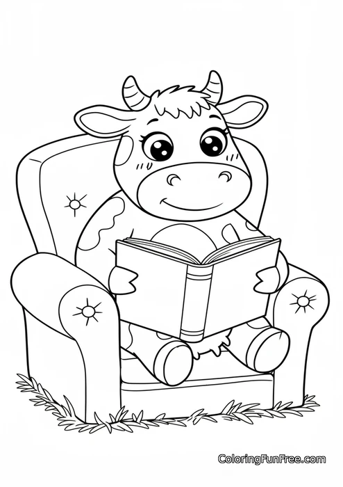 Cow reading book in armchair