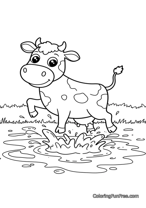 Cow splashing in puddle