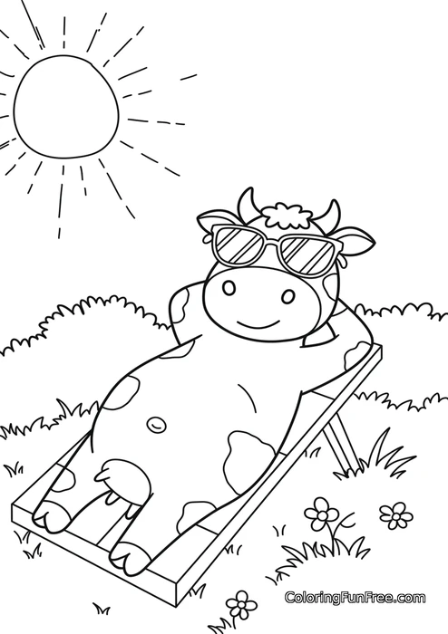 Cow sunbathing on lounge chair
