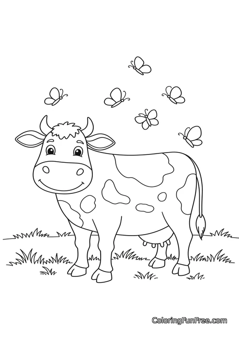 Cow with butterflies pasture