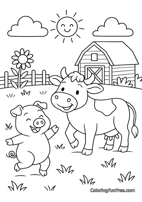 Pig and cow farm scene