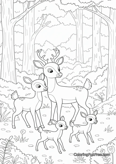 Buck and three fawns forest