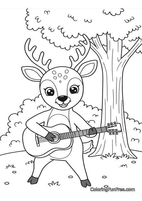 Deer playing guitar under tree
