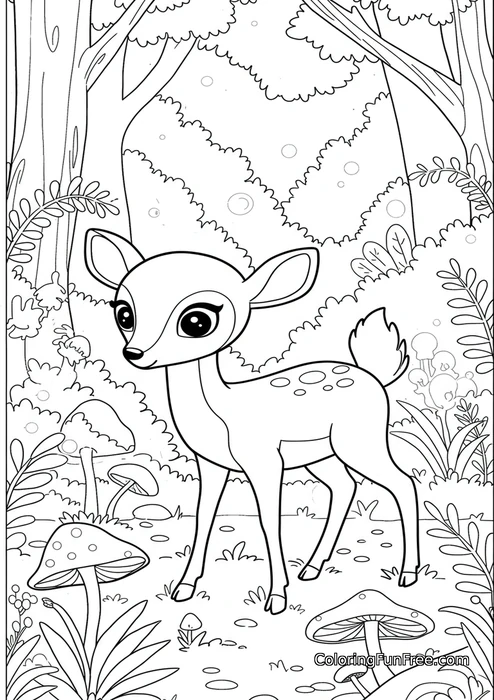 Fawn in forest mushrooms