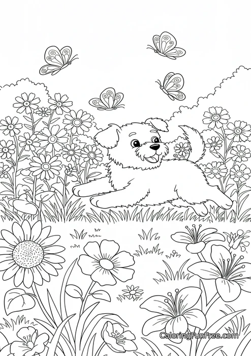 Dog running in flower field