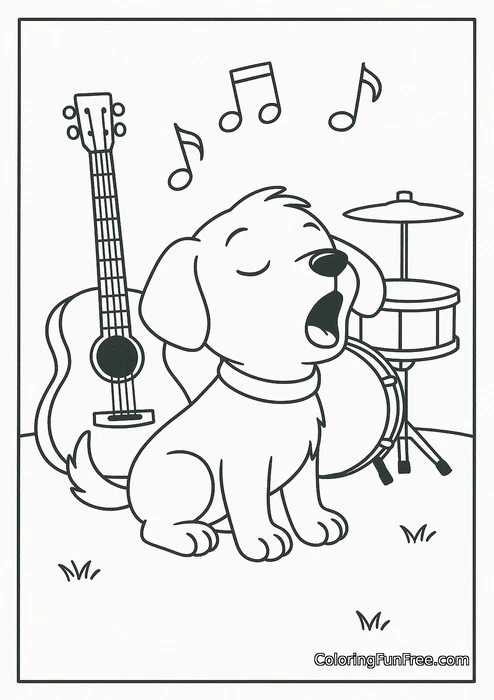 Dog singing with guitar drums