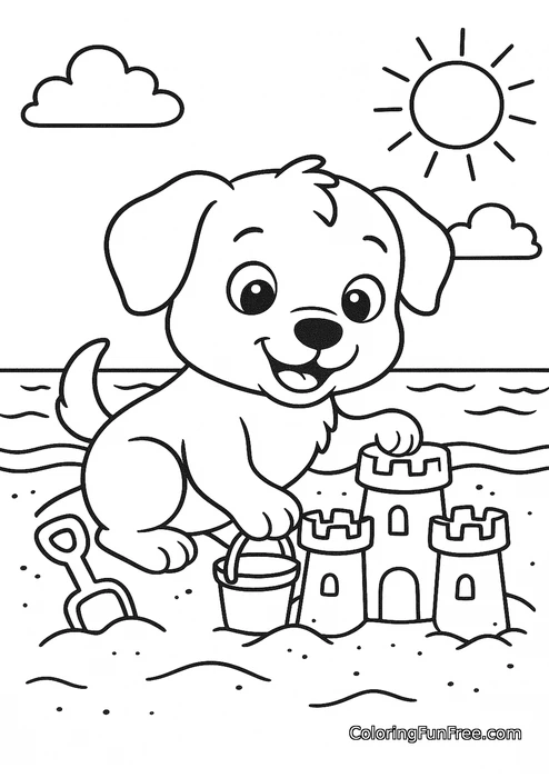 Puppy building sandcastle beach