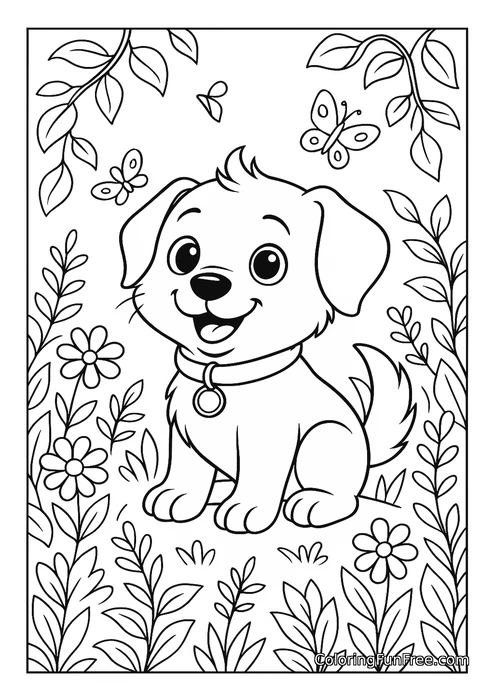 Puppy in flower garden butterflies