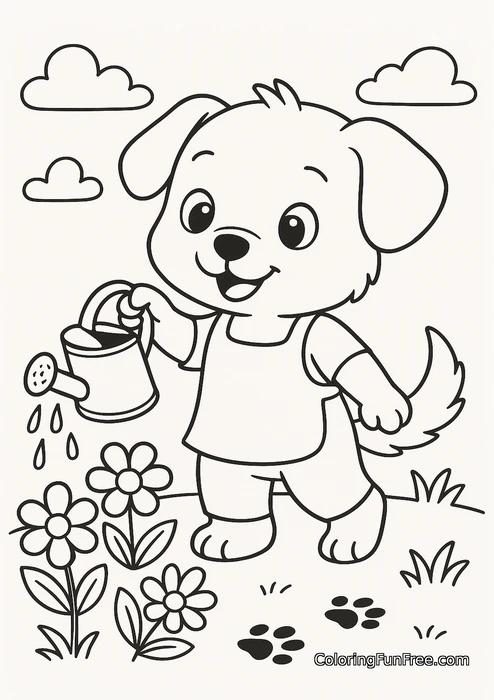 Puppy watering flowers