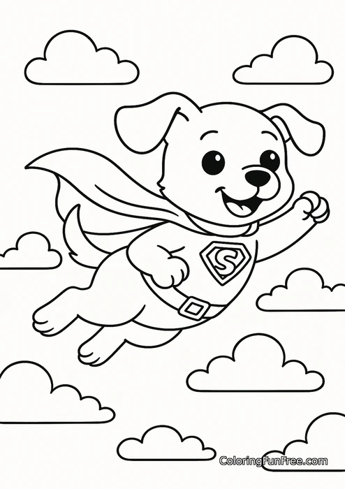 Superhero dog flying clouds