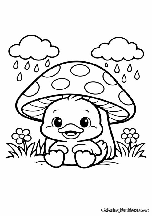 Baby duck hiding under a giant mushroom in the rain