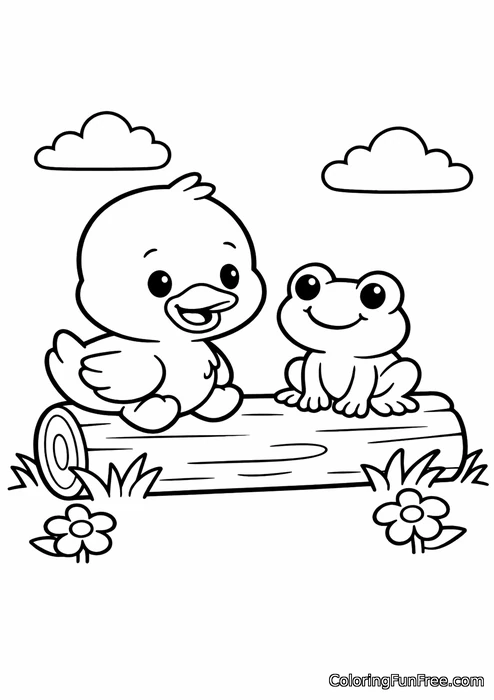 Baby duck making friends with a little frog on a log