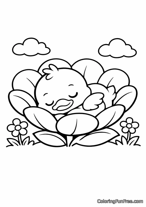 Baby duck sleeping inside a giant flower