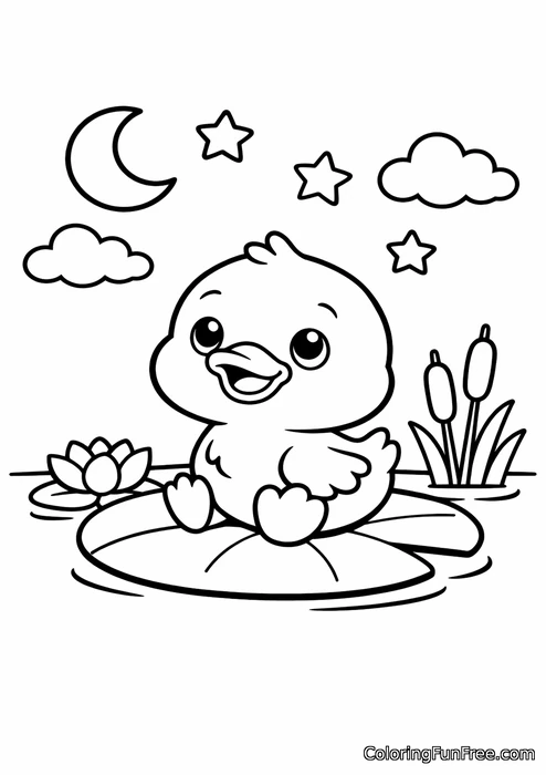 Baby duck watching stars from a lily pad at night