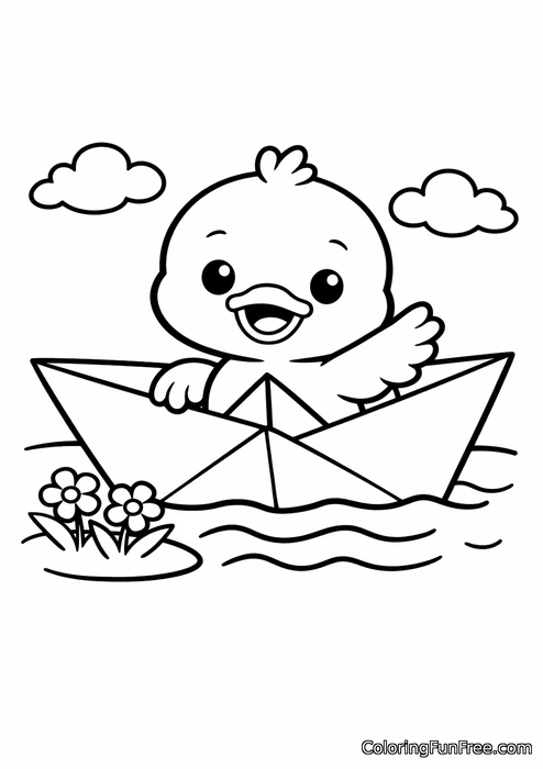 Baby duck waving from a paper boat