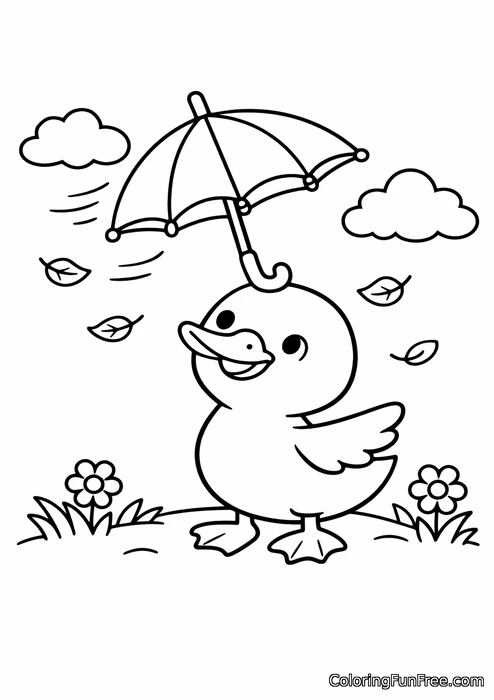 Duck balancing an umbrella on its beak in the wind
