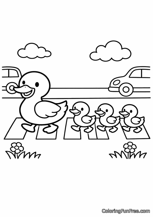 Duck family crossing a busy road in a line