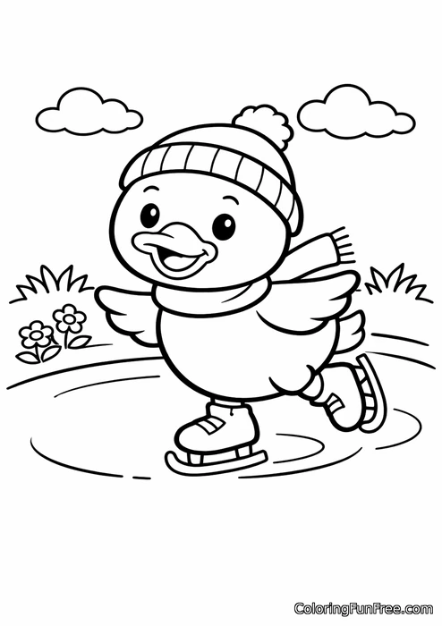 Duck ice skating on a frozen pond