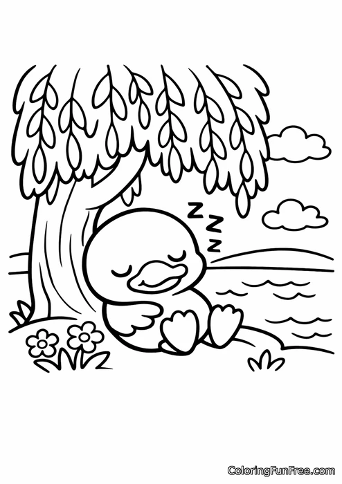 Duck napping under a willow tree by the water