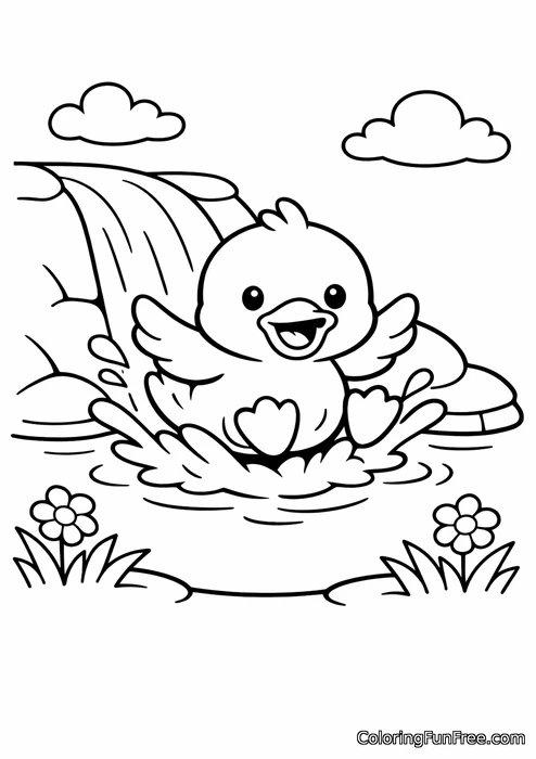 Duck sliding down a waterfall into a pond