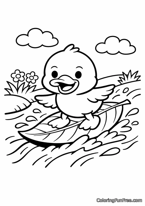 Duck surfing on a leaf down a fast stream