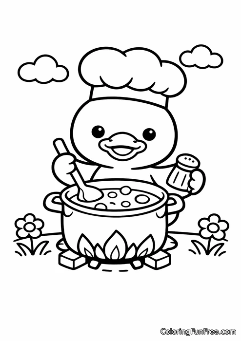 Duck wearing a chef hat making soup