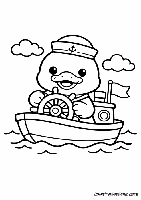 Duck wearing a sailor hat steering a tiny boat