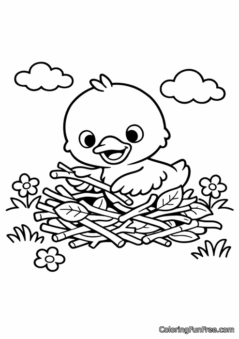 Duckling building a nest out of twigs and leaves
